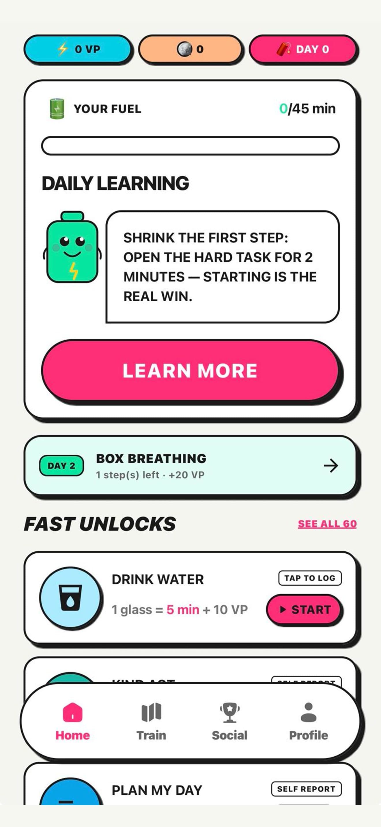 Volty Habits home screen showing fuel, daily learning, and quick activities
