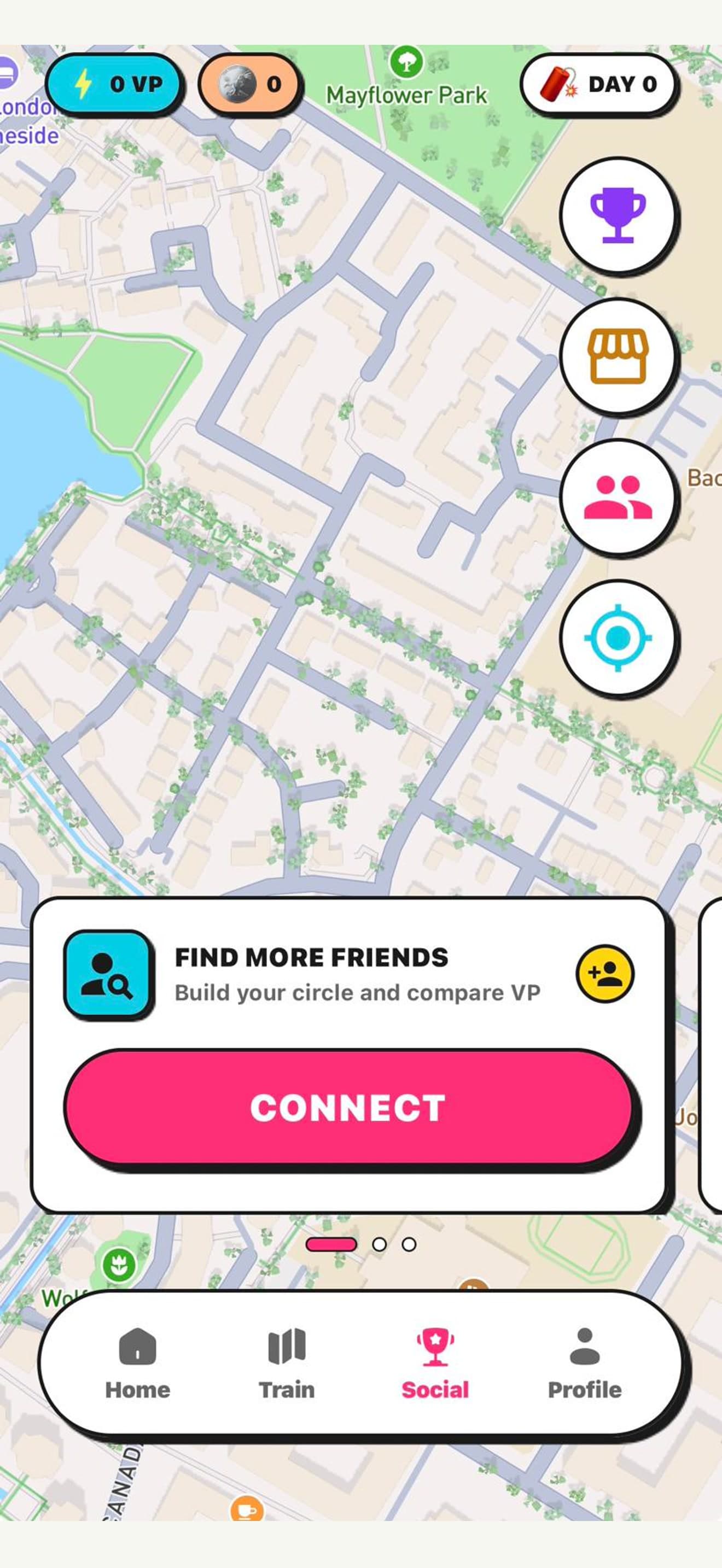 Volty Habits social map with friend and progress controls